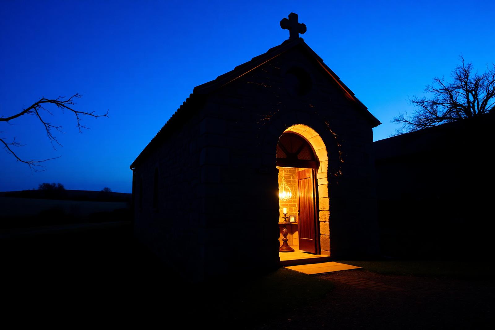 Pequeña iglesia rural iluminada