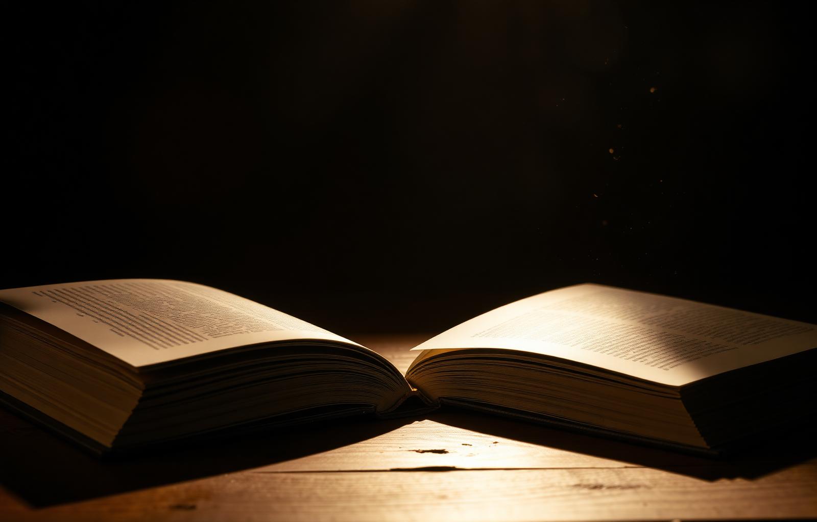 Libros abiertos sobre una mesa iluminados con luz cálida