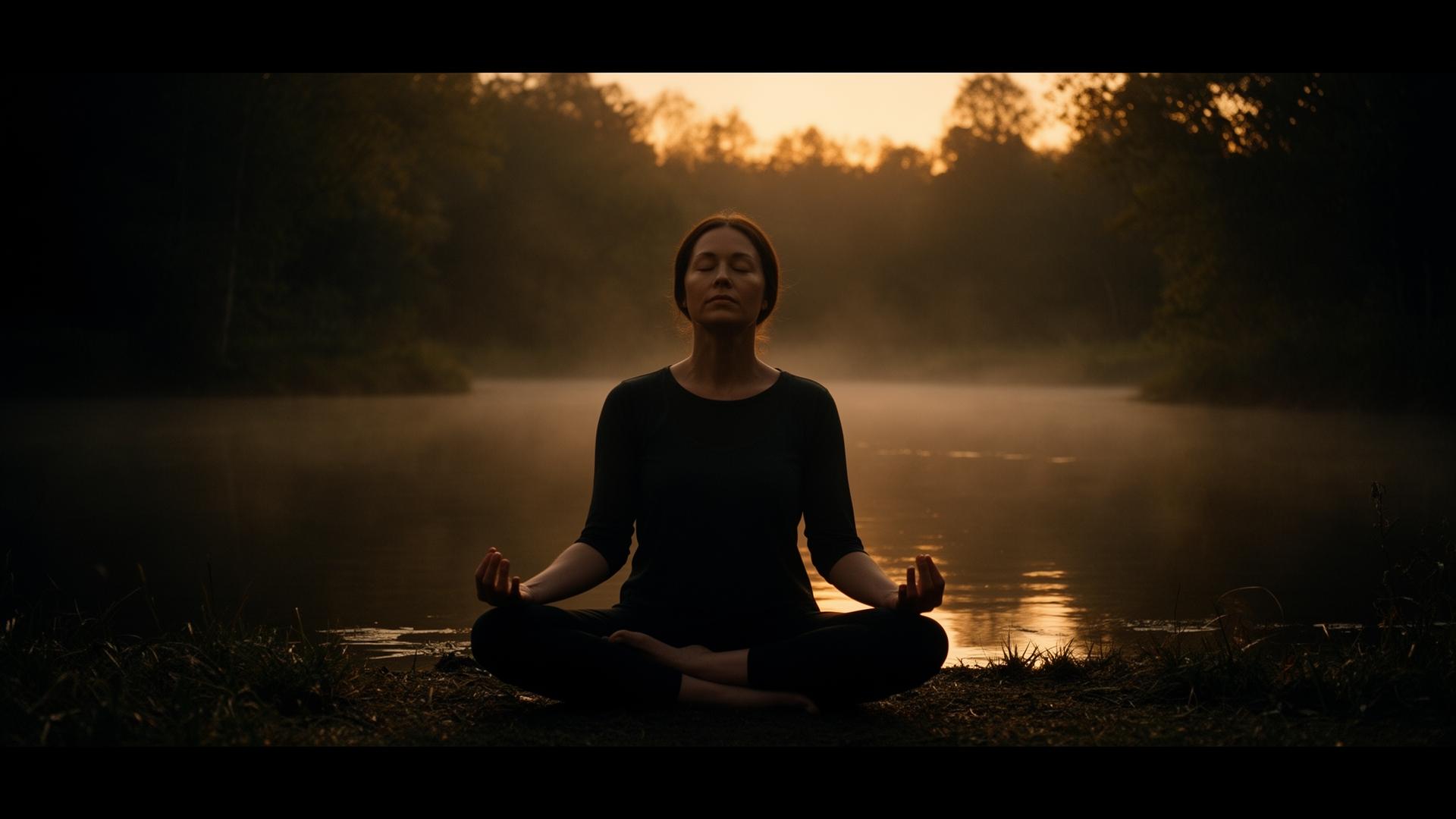 Persona meditando junto a un lago al amanecer